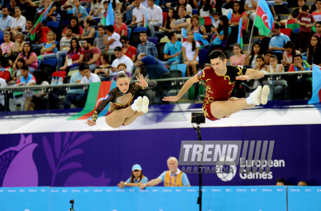 Avropa Oyunlarında aerobika gimnastikası üzrə qarışıq cütlüklərin təsnifat yarışları. Bakı, Azərbaycan, 17 iyun 2015 